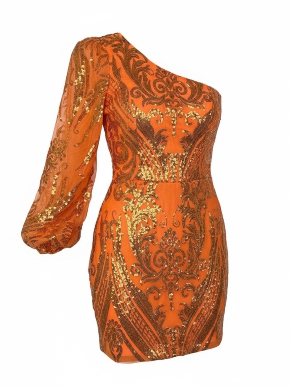 One-Shoulder Orange Sequin Mini Dress with Draped Sleeve PTP 18